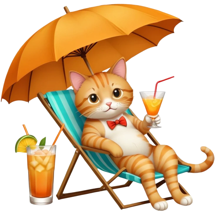 Cat relaxing on a beach chair, sipping a mai tai cocktail with umbrella emoji