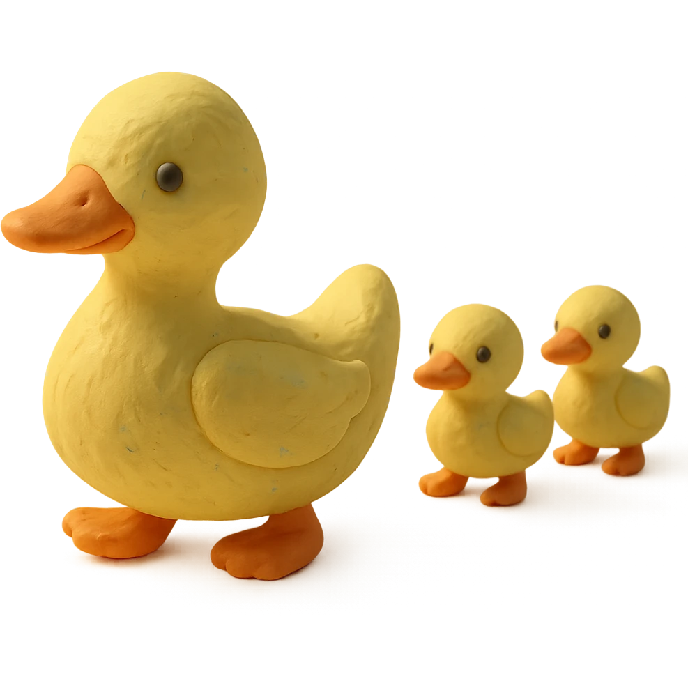 mother duck with ducklings following her, playful and cute, pastel colors, visible fingerprints, claymation style emoji