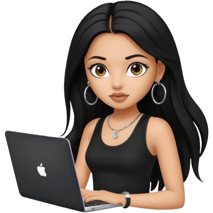 a pretty bratz dusky girl with long black hair, kajal under eyes, small silver hoop. black tank top on. laptop in hand emoji