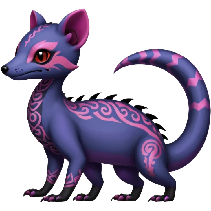 Rare warm-colored exotic gloomy tropical edgy cute epic aesthetic spooky indigo violet white black red gothic colorful Salandit-Salazzle-Civet-species-Fakemon-hybrid-creature, with tribal tattoo markings, full body emoji