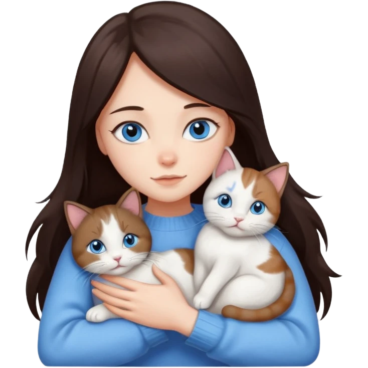 a girl with long dark 
brown hair, with blue eyes, in a
white sweater, hugs 3 different natural coloured cats emoji