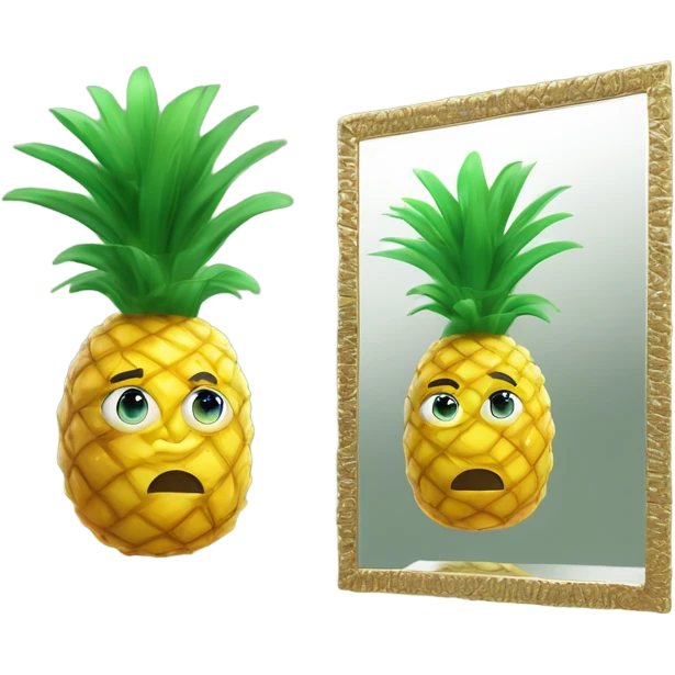 3D elegant pineapple🍍  with big shiny eyes 👀 pineapple holds mirror with its reflection 🪞🍍 emoji