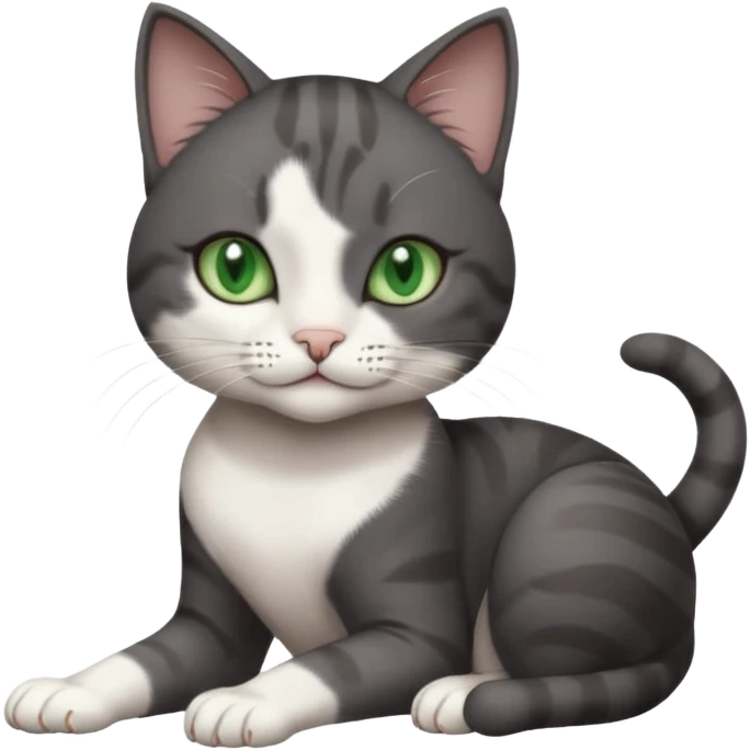 beautiful female solid dark grey cat with green eyes, white toes/paws and white patch on her chest rolling over emoji