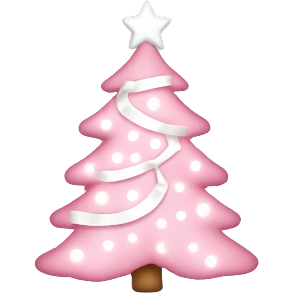Pastel Pink Christmas tree with pink lights, white ornaments, and white ribbon emoji