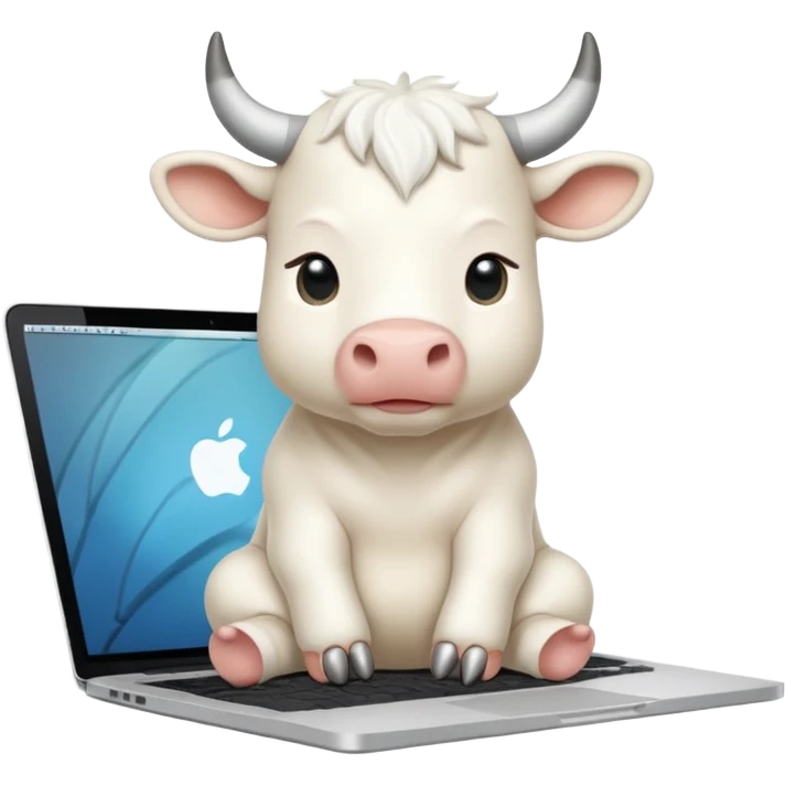 baby white bull sitting in front of a macbook, working  emoji