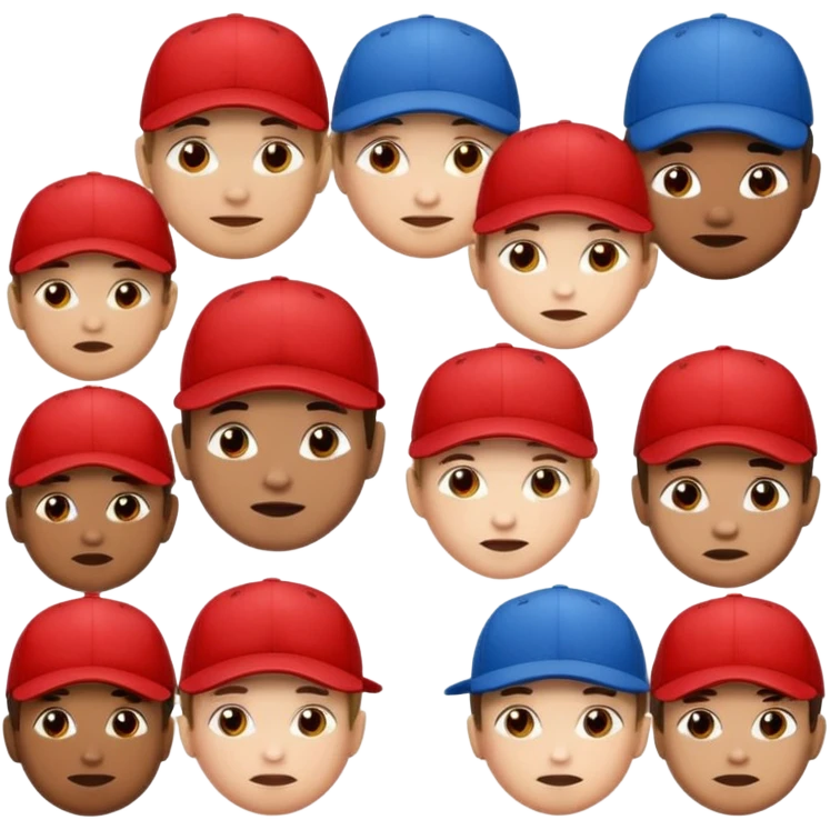 Cartoon face emojis wearing red baseball caps, a few wearing blue caps or tilted caps, all in same style” emoji