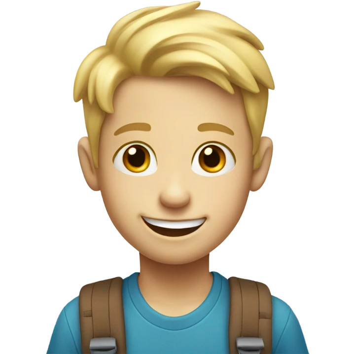 smiling blonde boy with front tooth missing and with backpack emoji