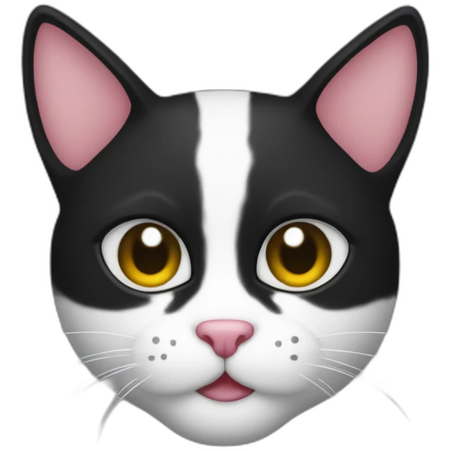 El gato tiene una cara bicolor la mitad izquierda es de color negro, y la mitad derecha es de color blanco. Además, tiene una mancha negra justo debajo de la nariz emoji