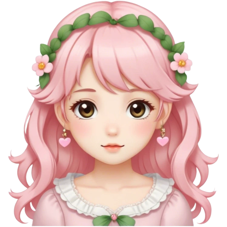 Gorgeous anime style lady with blushing face and accessories cottagecore fairycore Kawaii anime colorful pearly romantic aesthetic trending style emoji