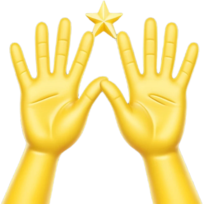 A 3D digital emoji of two yellow cartoon hands doing a joyful high five, palms clapping together in the air, with bright sparkles and motion lines to show excitement and celebration, Apple emoji style emoji