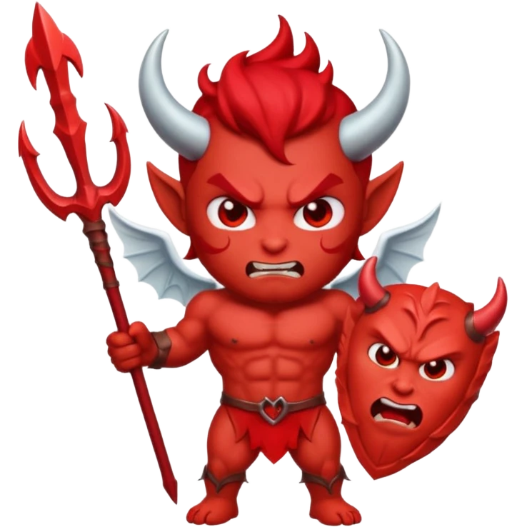 Emoji-style devil: red skin, horns, muscular body, red trident, angry face, same cute emoji style as the angel. emoji