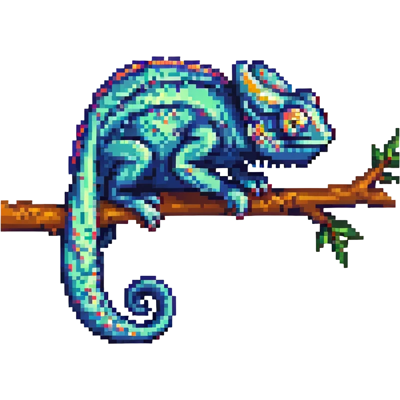 pixel art chameleon, curled tail, on a branch emoji