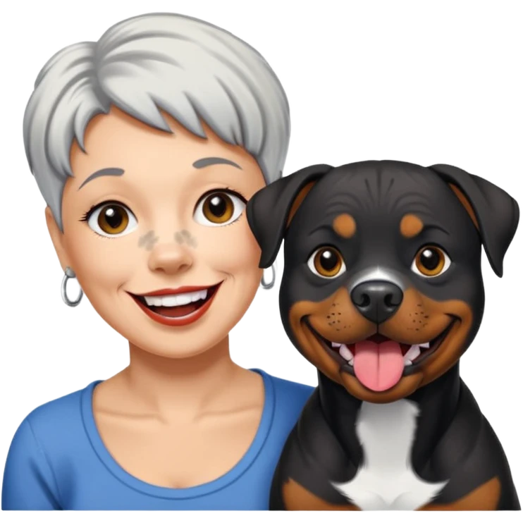 Pitt bull rottweiler white muzzle with black spots tongue out next to older woman with short silver hair emoji