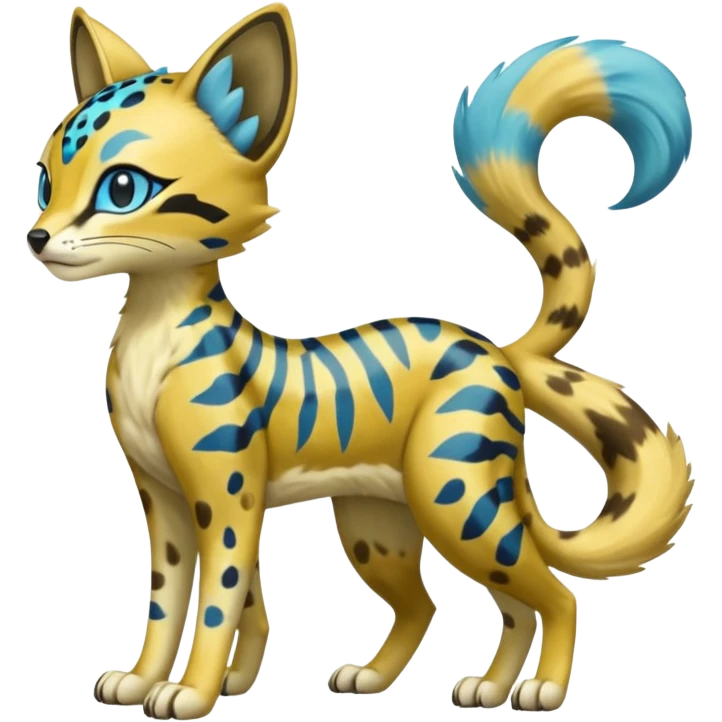 Colorful Golden Gold Shiny Meloetta-Sergal-Vernid-Serval-Civet-Genet-Pokémon-Digimon-Fakémon-fusion-hybrid-creature with Cyan stripes and blue leopard-spot-markings  emoji