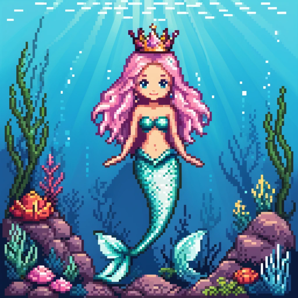 Dark brown skin mermaid princess with crown and shimmering tail in underwater kingdom emoji