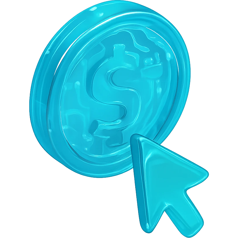 Icon of a coin with a mouse cursor clicking on it, modern and sleek, cyan blue emoji
