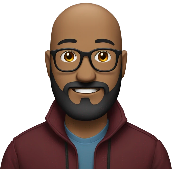 Tilted face, Bald man smiling with glasses and a big, bushy black beard. Wearing a maroon jacket emoji