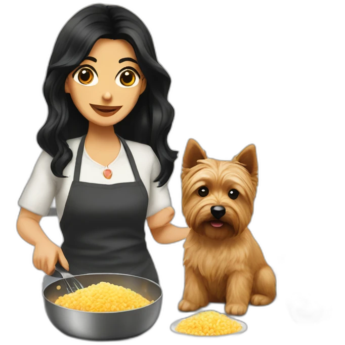gal black hair cooking risotto with Norwich terrier emoji