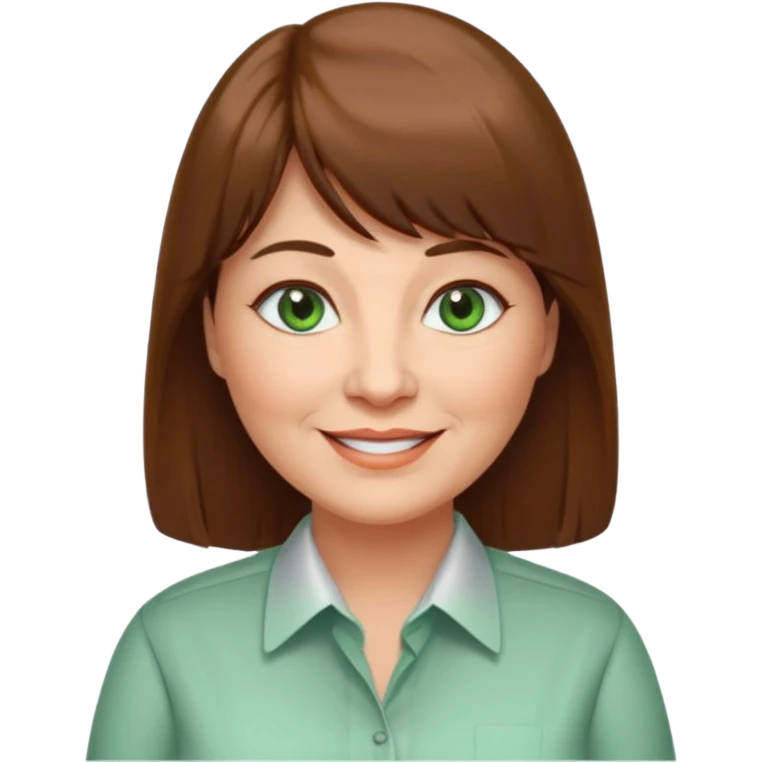 60 yr old woman, green eyes, long straight hair, business shirt, chubby, bangs emoji