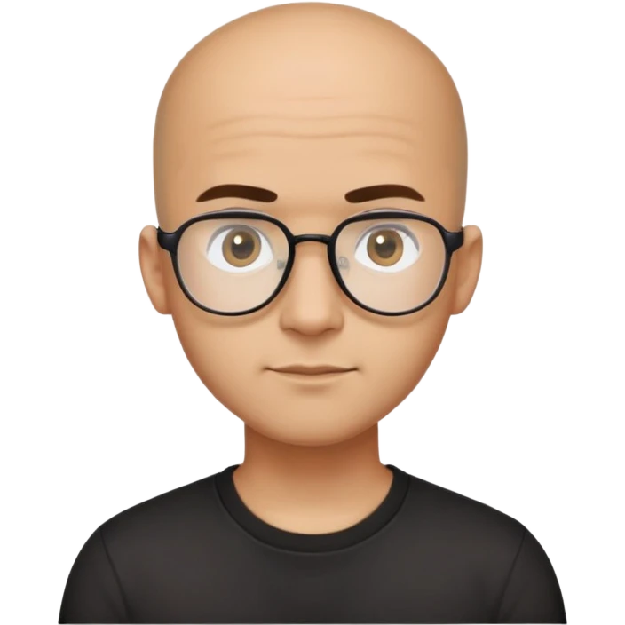 Latino man with small oval face and big forehead, aviator-style glasses, completely bald/shaved sides with very short curly dark hair only on top of head, neutral-friendly expression, light brown skin, wearing a black t-shirt emoji