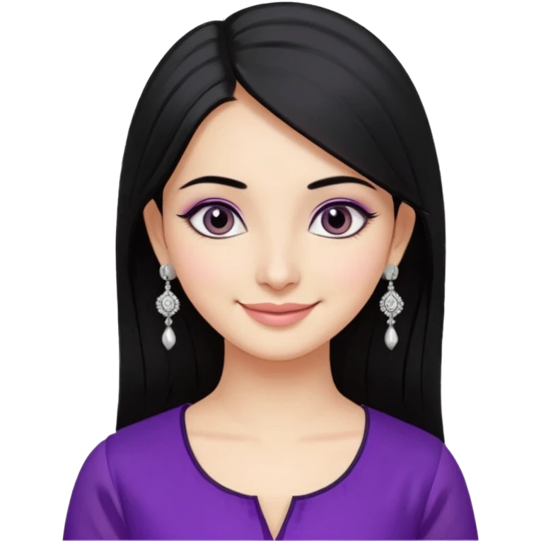 a pretty bratz girl with straight black hair, wearing a purple kurti, silver jhumkas, eyeliner, carrying momos emoji
