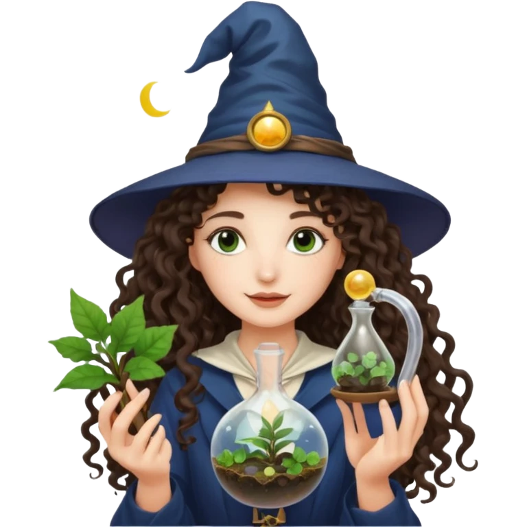 A long curly haired brunette girl with a moon witch hat, and a plant wand or plant potion terrarium emoji