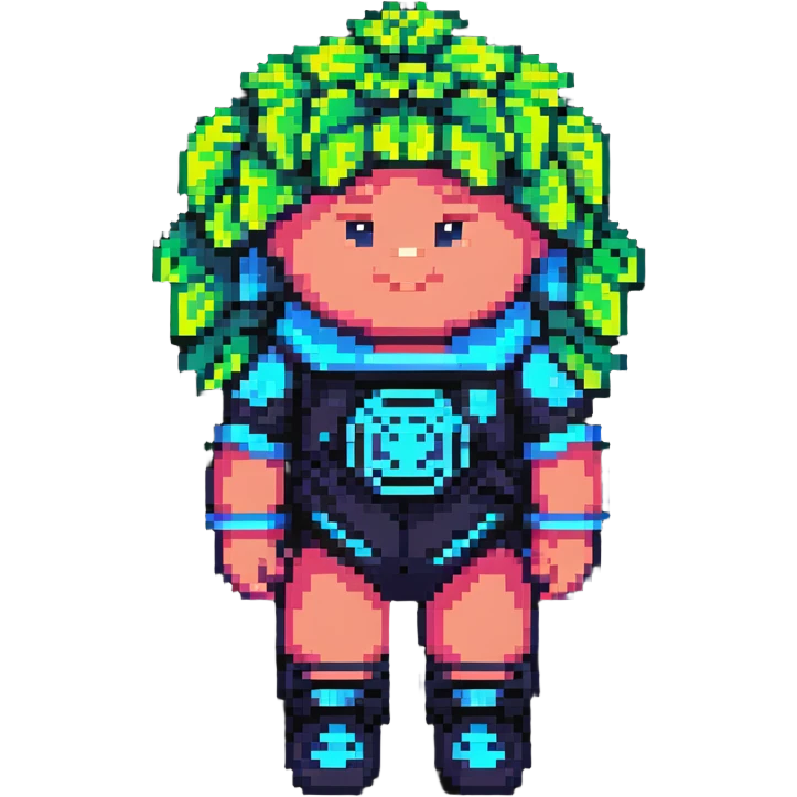 Cabbage Patch Kid as Tron character in 80's pixel art arcade style with vibrant neon colors emoji