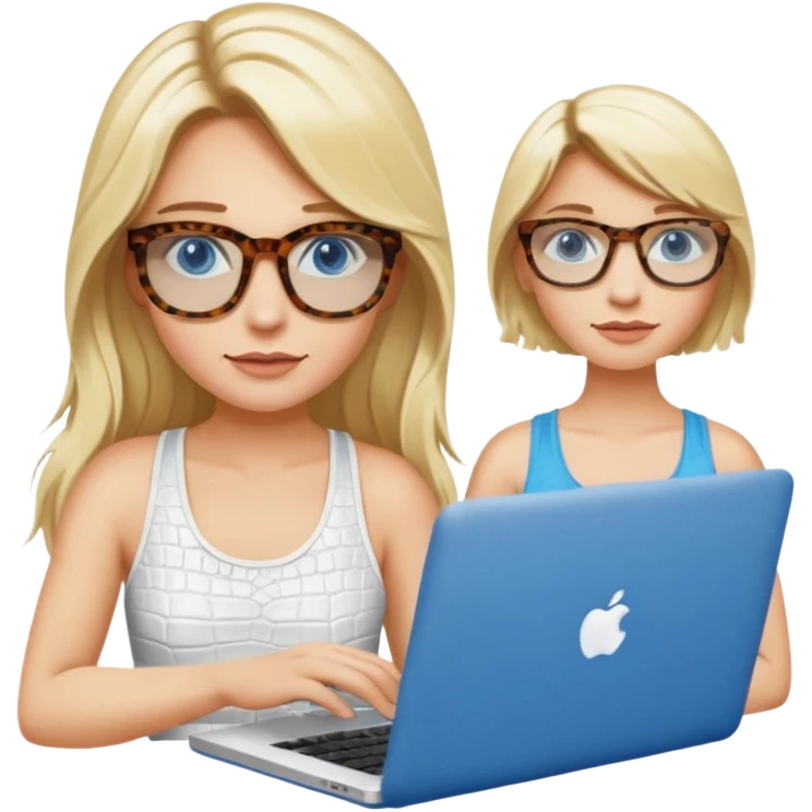 long blonde hair woman blue eyes with tortoise shell print glasses wearing white tank top on mac book with a white crocodile patterns laptop case  emoji
