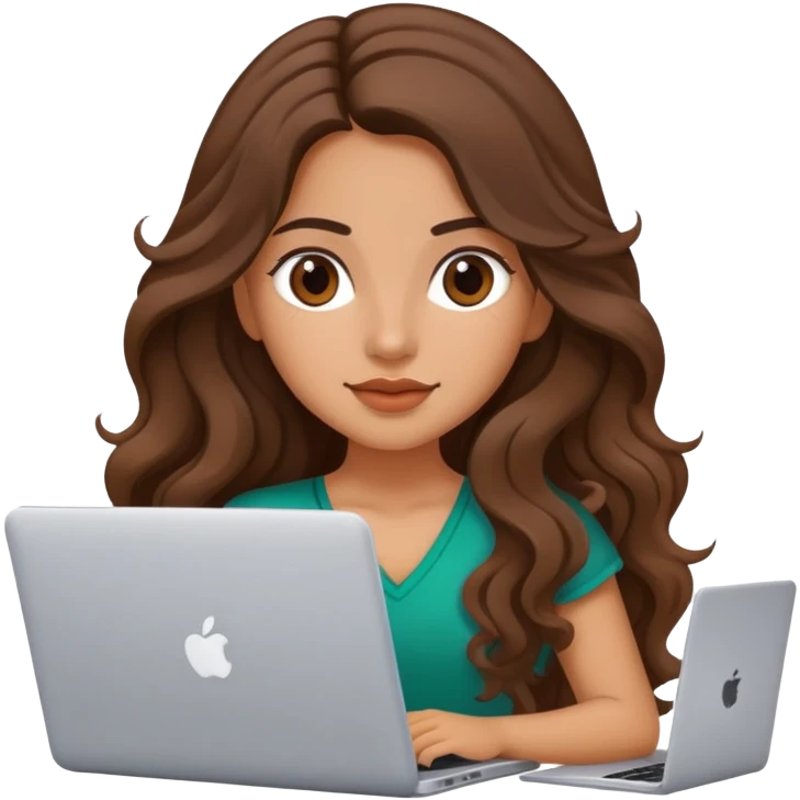 beautiful girl , with long brown hair, wavy hair, Mexican , with laptop emoji