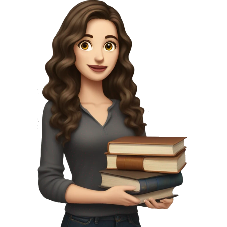 white woman brunette long wavy hair highlights woman while holding large stack of books emoji