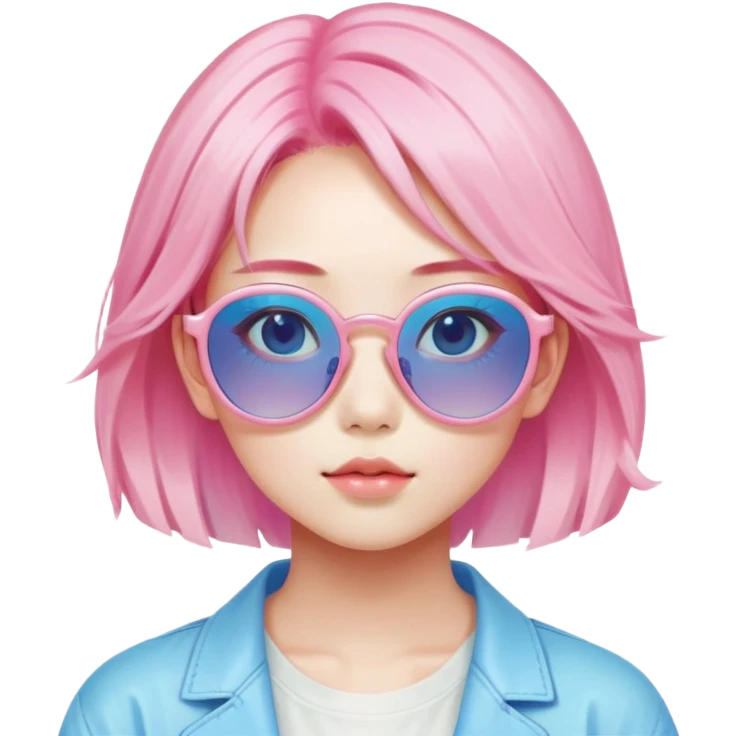 Vaporwave aesthetic Japanese girl with pastel pink hair, retro 80s sunglasses, nostalgic color palette of pink and blue, Japanese kanji characters floating, gradient background emoji