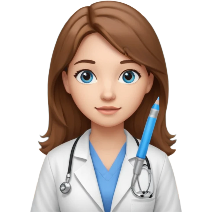 pretty female nursing student with long brown hair, blue eyes inside a classroom at university with blackboard behind her emoji