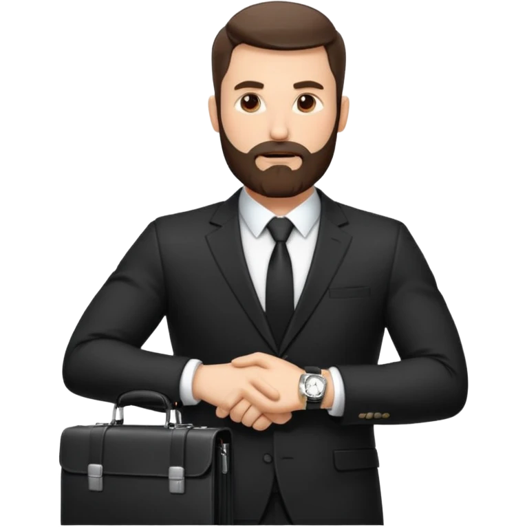 A handsome man, 40+ years old, with a thick beard in a black suit, fair skin, short stylish haircut, full-length photo, wearing an expensive watch, unusual pose, holding a briefcase, pumped up, super realistic emoji emoji
