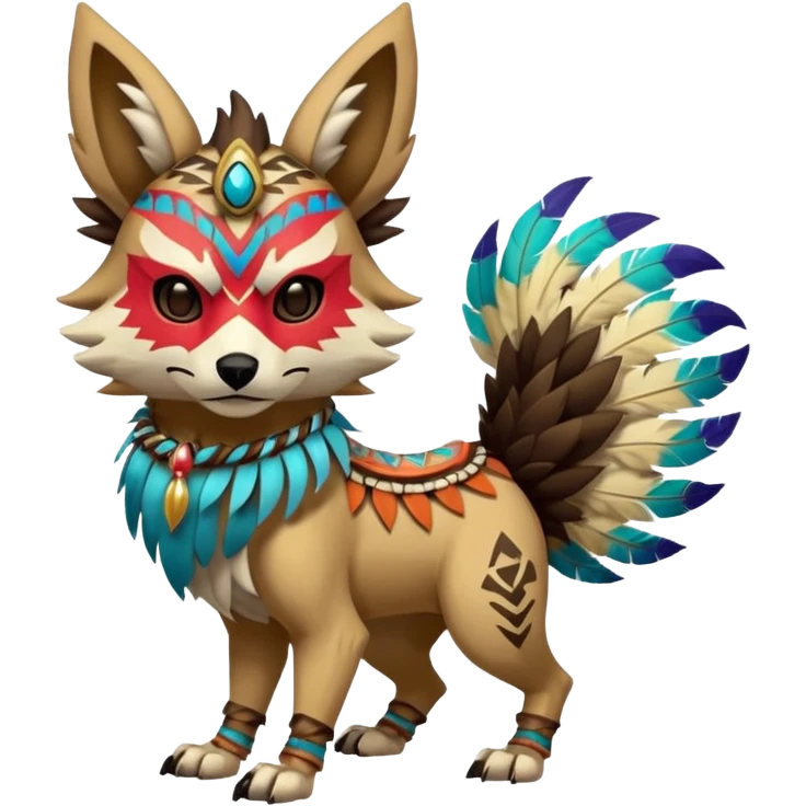 Furry cute colorful exotic tribal feral anime-styled Fakémon-Pokémon-animal-creature with a wolf-skull-head-mask-face, and colorful feathers around neck, with long furry ears, long furry tail, 4 legs, (full body), with intricate pattern-markings emoji
