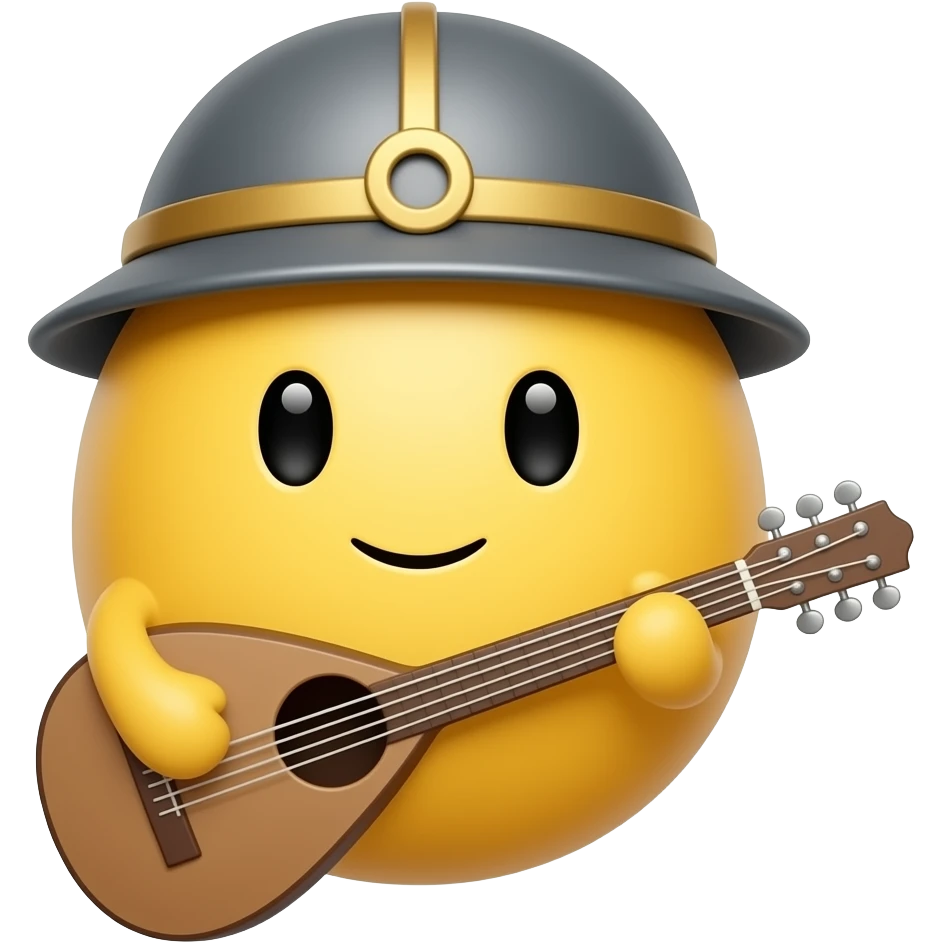 verry round yellow face emoji with a "medieval bard hat" and a "medieval bard instrument", "no arms nor hands" emoji