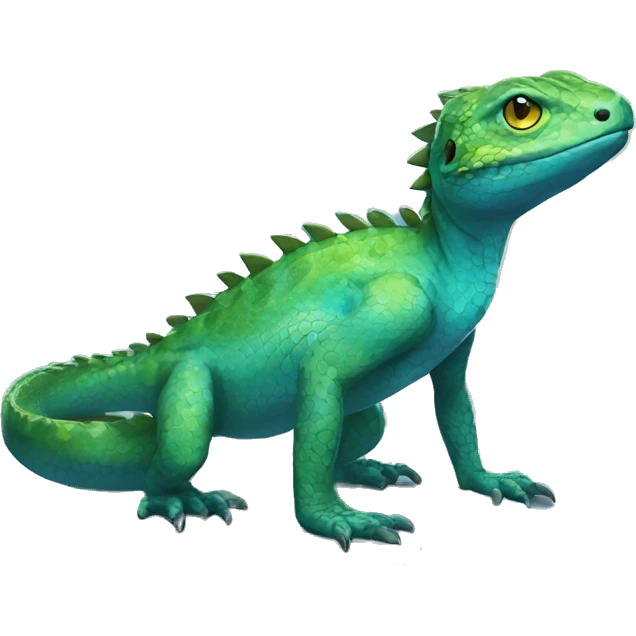 A Cyan Shiny Glossy Anthro-Scalie-Lizard-Reptile-Salamandrian-Fakémon with dark-blue patterns and light-green belly Full Body emoji