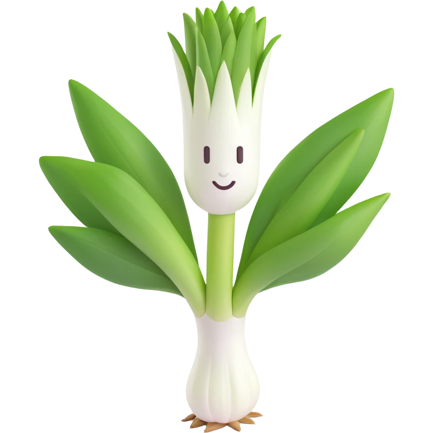 single fresh leek, white stalk fading to green leaves, leaves tidy and curved, root end with fine roots, clean and moist, 3D emoji style, minimal, soft shadows, no face, transparent background, emoji scale emoji