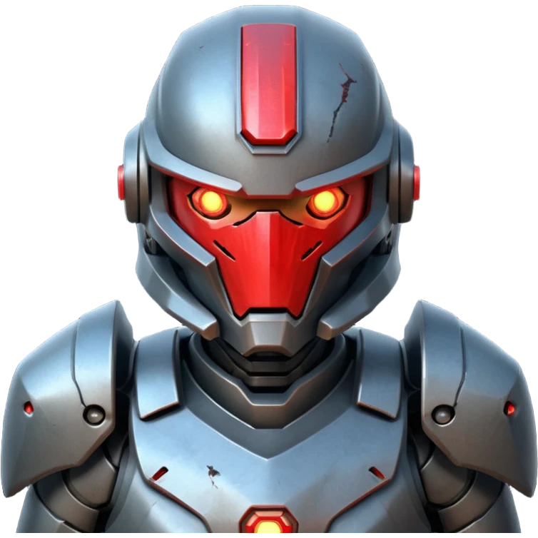 futuristic war robot portrait, head and shoulders only, aggressive design, sharp armor edges, glowing red eyes, battle-damaged helmet faceplate, heavy armor collar, intense dramatic lighting, sci-fi metal textures, 3D cartoon, mobile game icon style, clean background, no text, no watermark
 emoji