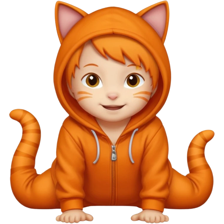 little kid Toddler in orange cat hoodie, crawling pose emoji