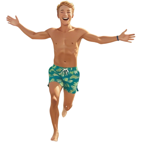 A white man running into the ocean with arms wide open, embracing the waves and the moment. The sun shines warmly, and the water sparkles, symbolizing the joy of creating fun and appreciating life’s simple moments. Their footprints in the sand fade as they fully immerse themselves in the present. emoji