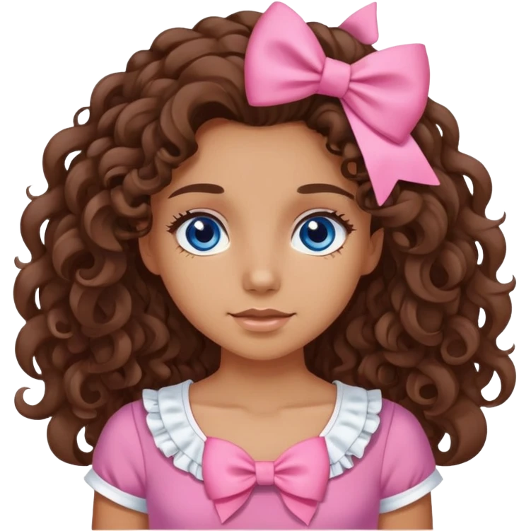 A girl with brown long curly hair, dark blue eyes and with a pink top with a white bow emoji
