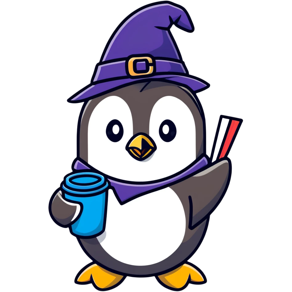 Penguin wizard drinking coffee while using iPhone emoji