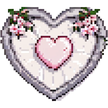 Increase the amount and prominence of silver details and accents on the heart with sakura in pixel art style. No background. emoji