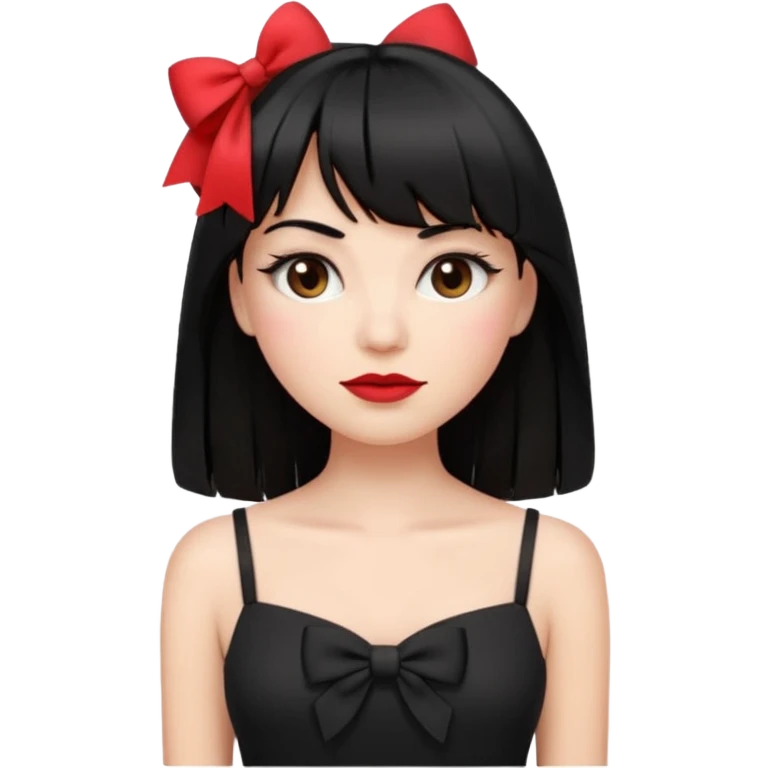 emoji feminino branca com cabelo longo, preto, liso e com franja. olhos castanhos. no rosto maquiagem com blush, cílios, delineador e batom vermelho. usando uma blusa preta com alças finas e um laço branco de cada lado emoji