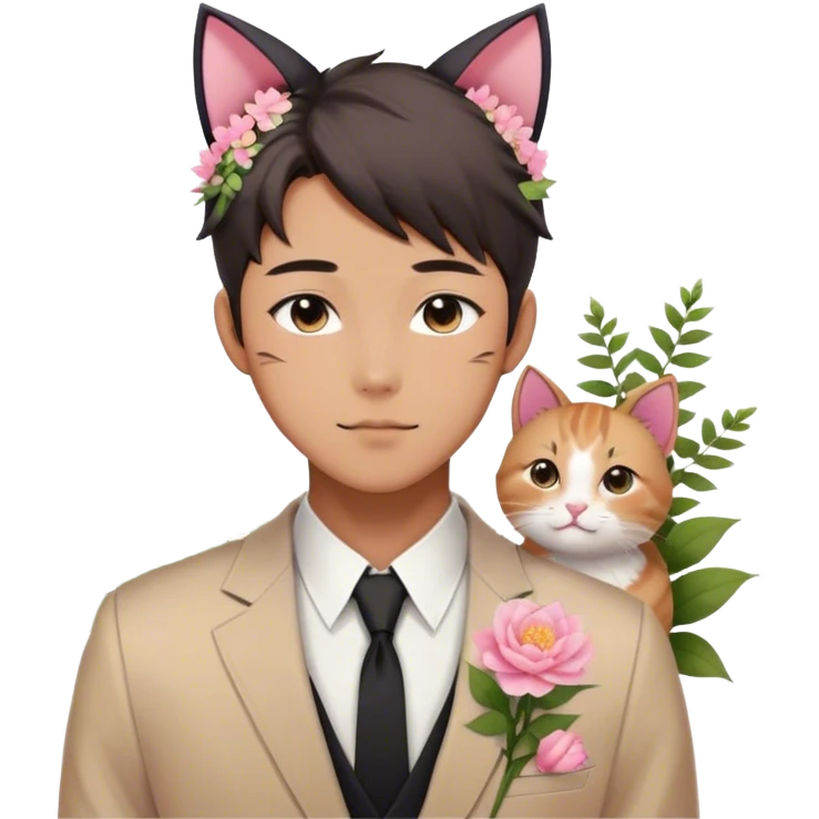Gorgeous romantic anime style Asian formal modern shojo guy with cat ears and flowers and blushing face aesthetic trending style outside emoji