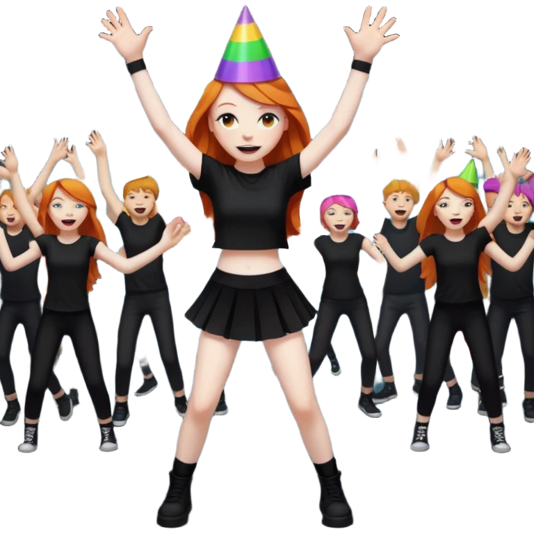 Ginger girl dancing at a rave. Full body, wearing dark colours give her loads of arms emoji