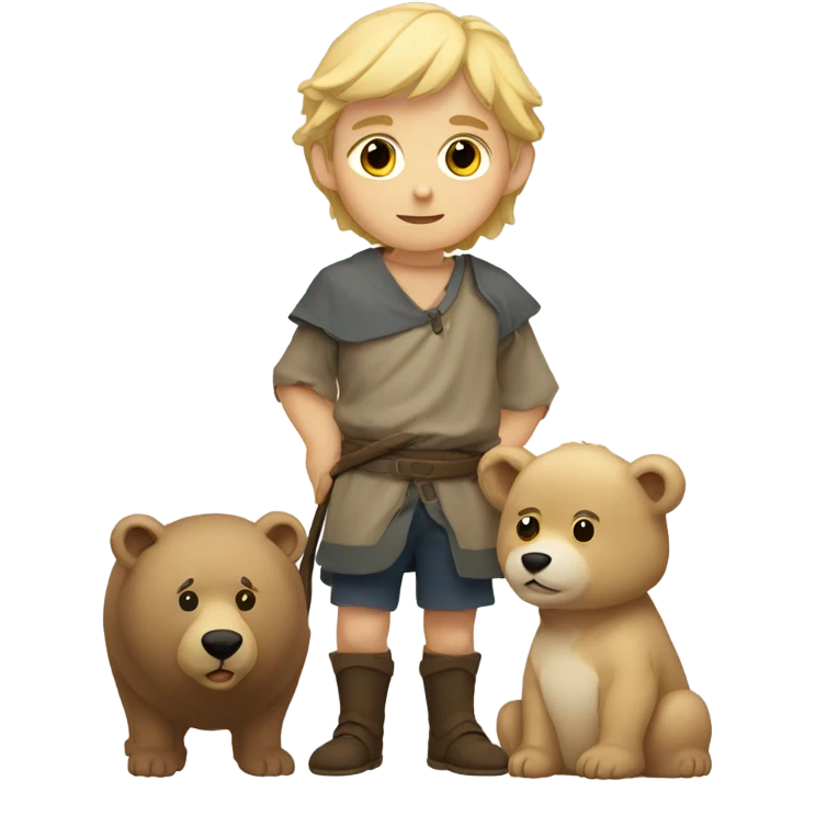 young shepherd with blond hair 10th century with short tunic and bear emoji