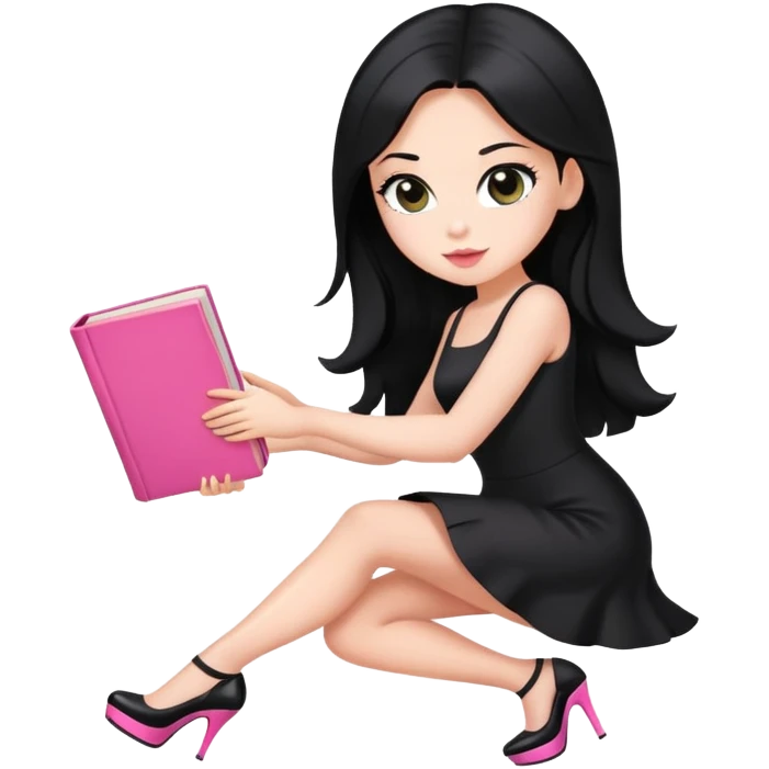 Bimbo in heels in black mini dress, long black hair tanned, pick up pink book from ground, emoji