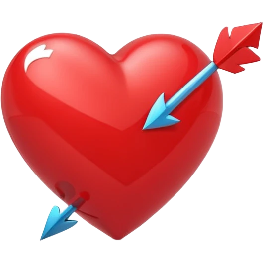 Apple-style 3D illustration of a glossy red heart pierced by a horizontal double-ended arrow. One end of the arrow has a small female symbol, the other end has a small male symbol. The heart is centered, shiny, with soft shadows, floating on a clean white background, minimal and emotional design emoji