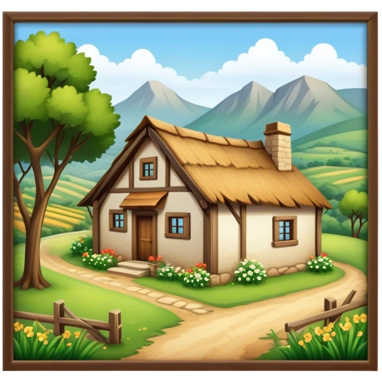 A rustic village house surrounded by nature emoji